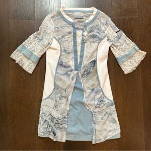 Elisa Cavaletti Blu Wave Print Lace Crochet Dress Denim Artsy 100% Cotton Size M